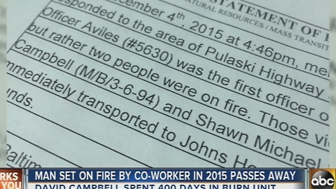 Man whose coworker set her on fire in 2015 passes away