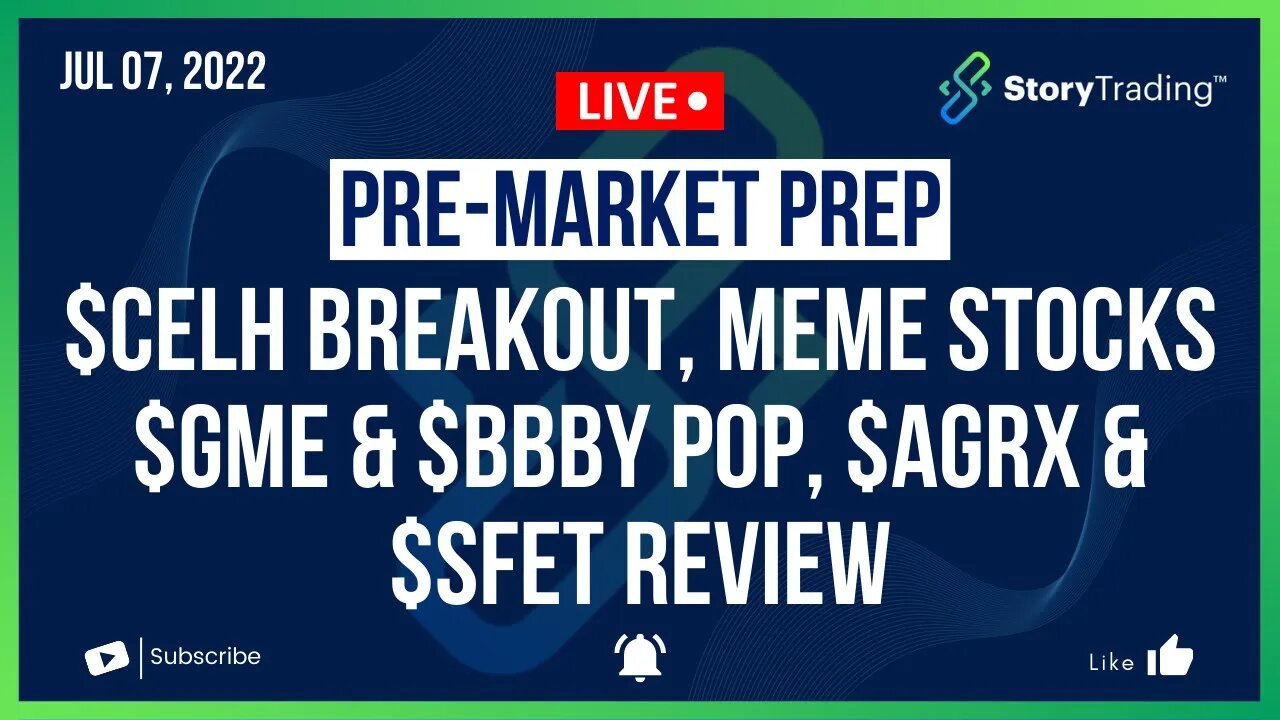 7/7/22 Premarket Prep: $CELH Breakout, Meme Stocks $GME & $BBBY Pop, $AGRX & $SFET Review