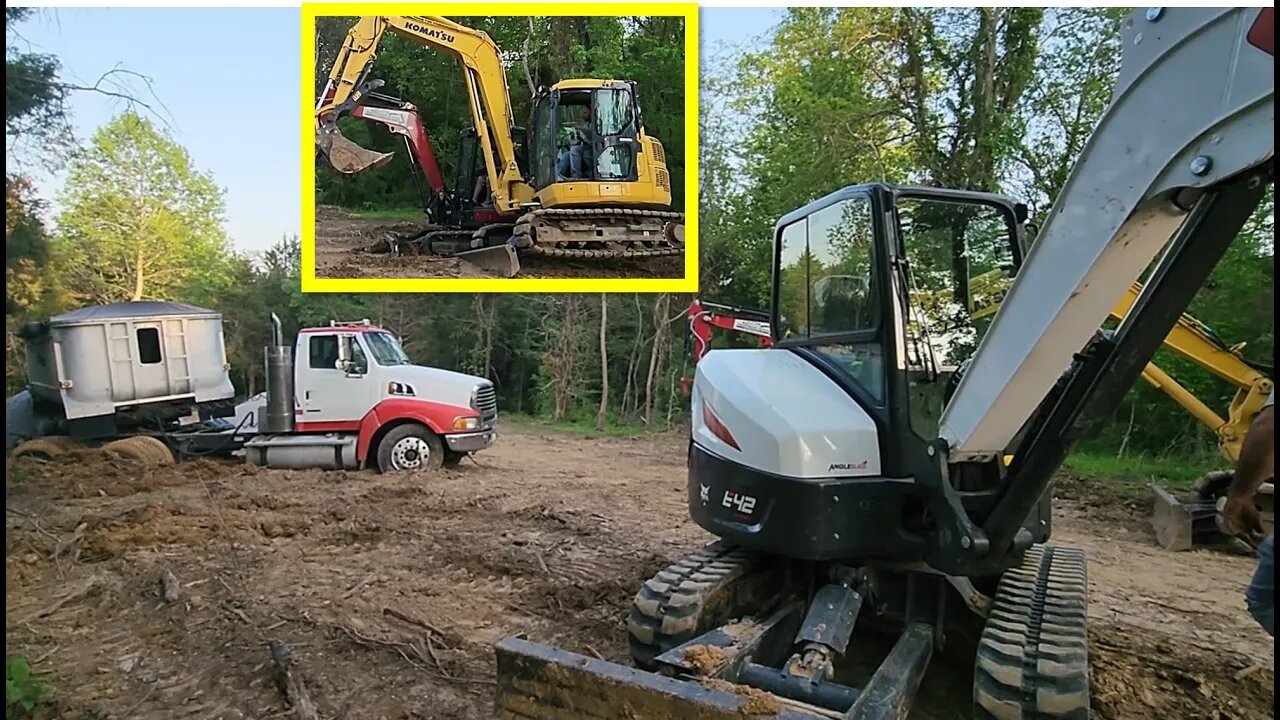 DAY 1(conclusion) VRBO cabin project! Semi truck & trailer off road recovery. it took 2 excavators!