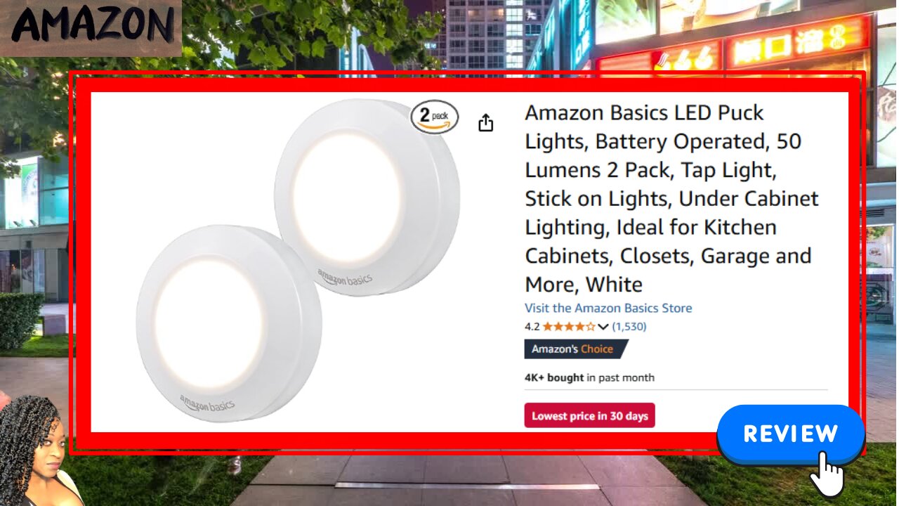 Amazon Basics LED Puck Lights, Battery Operated, 50 Lumens 2 Pack, Tap Light, Stick on Lights,