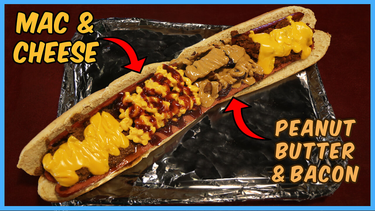 THIS 2 FOOT HOT DOG CHALLENGE HAS MAC N CHEESE, PEANUT BUTTER, AND BACON!