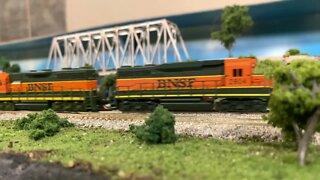 N Scale BNSF maintenance train leaving the yard