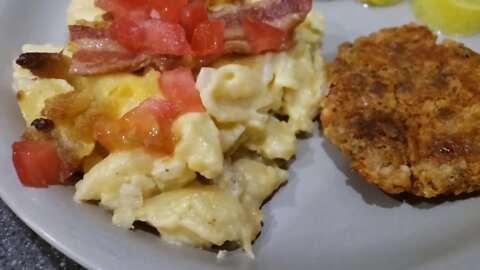Mac & Cheese with Bacon & Tomatoes with Fried Salmon & Squash