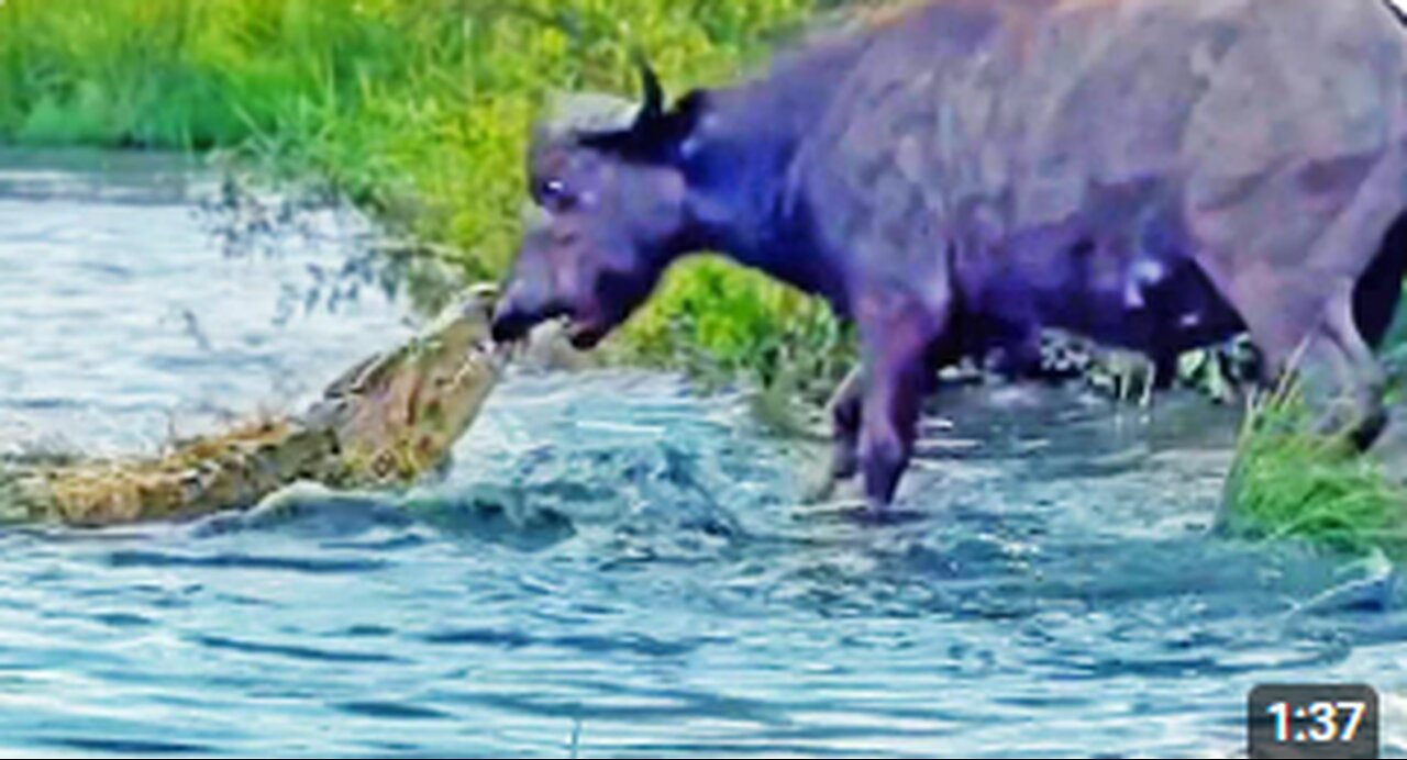 Buffalo Drags Huge Croc Out of the Water by Its Nose