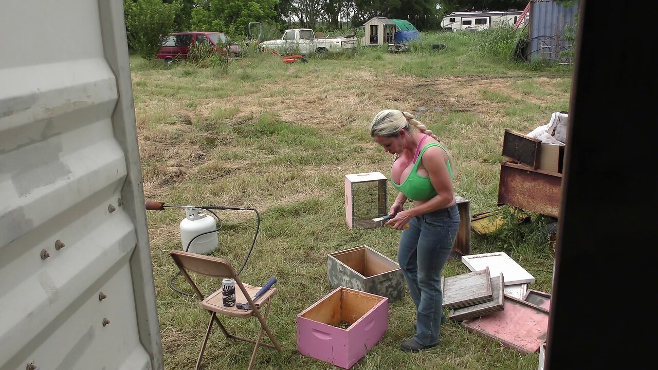 Removing old wax and propolis from the last hive box of the day