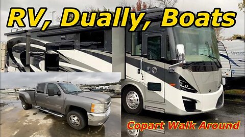 So Many Diesel Duallys at Auction, RV Buses, Boats and More, Copart Walk Around