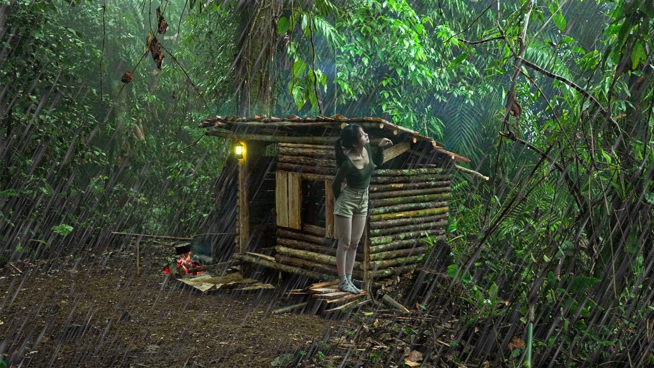 Despite the rain, building wood survival shelter in wildlands