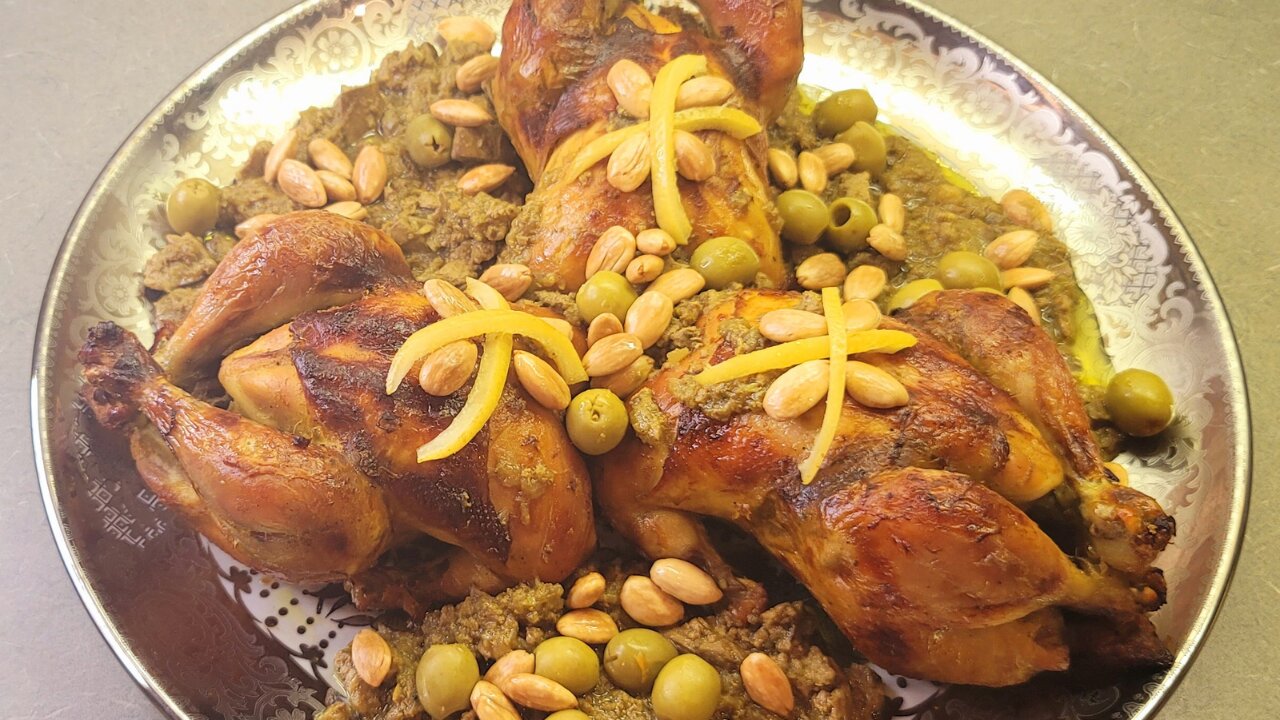 Moroccan roasted chicken with olives and preserved lemon.