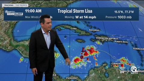 Tropical Storm Lisa forms in Caribbean Sea with 40 mph winds