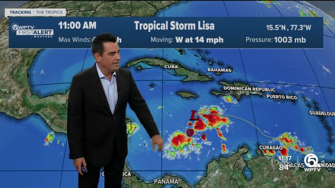 Tropical Storm Lisa forms in Caribbean Sea with 40 mph winds