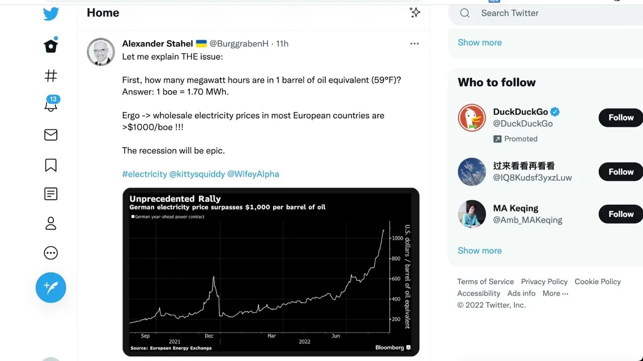 🟨 目前德國電費轉換成石油，每桶石油值約1000美元 🟨