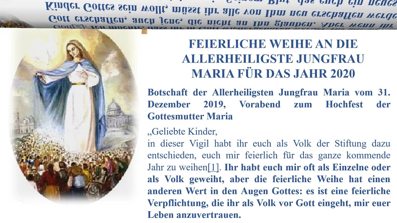 Botschaft 31 12 2019 FEIERLICHE WEIHE AN DIE ALLERHEILIGSTE JUNGFRAU MARIA FÜR DAS JAHR 2020