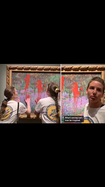 Climate Activists smear Red Paint on a Monet painting then Glue themselves to the Frame! 🖼️🩸✋