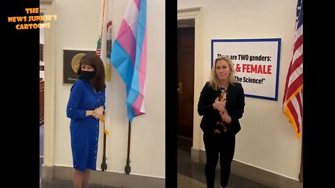 Rep. Greene hangs sign in answer to transgender flag set by a Democrat.