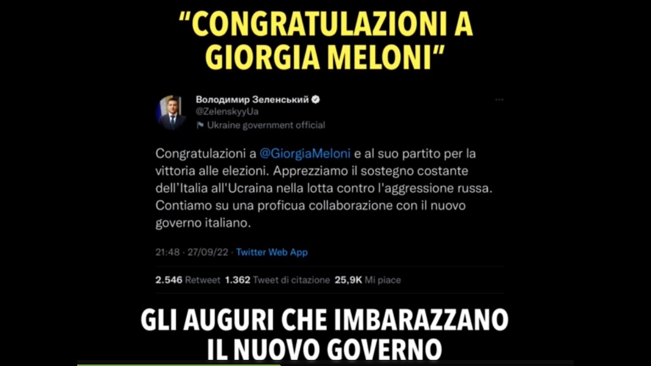 “Congratulazioni a Giorgia Meloni”.Gli auguri di Zelenski che imbarazzano il nuovo governo..ecco lo scacchiere Meloni del NUOVO GOVERNO..la previsione che sicuramente ad ottobre 2022 ci sarà un nuovo governo in Italia..