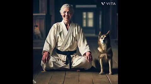 Old karate lady and her dog. By Bing AI.