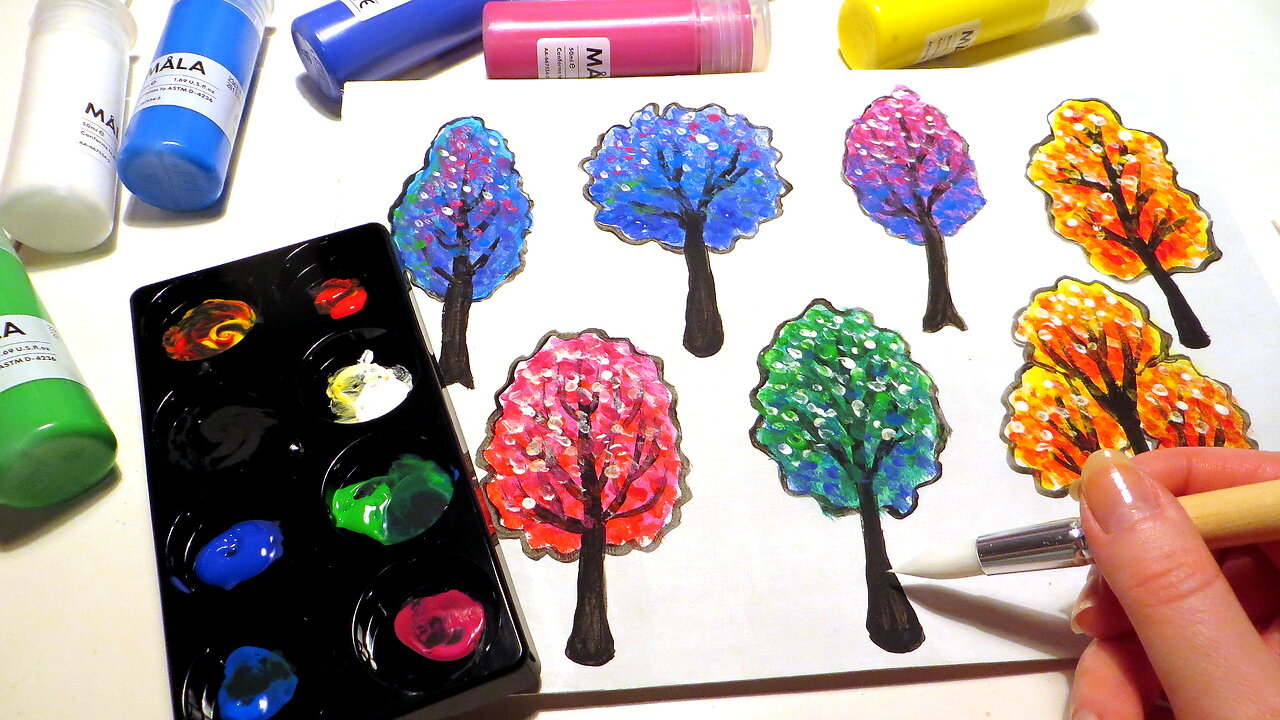 How to Paint Colorful Trees with Acrylics || Ikea Paint Brushes and Paints