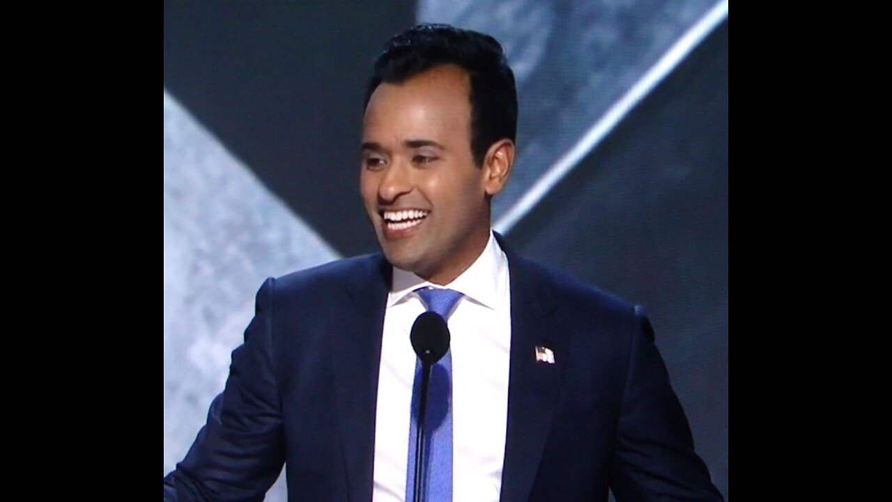 Vivek Ramaswamy speaking at the 2024 RNC showing support for Donald Trump for President