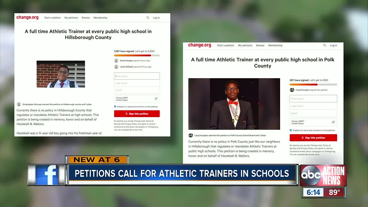 Petitions asking for full-time athletic trainers gain traction after Tampa teen's death