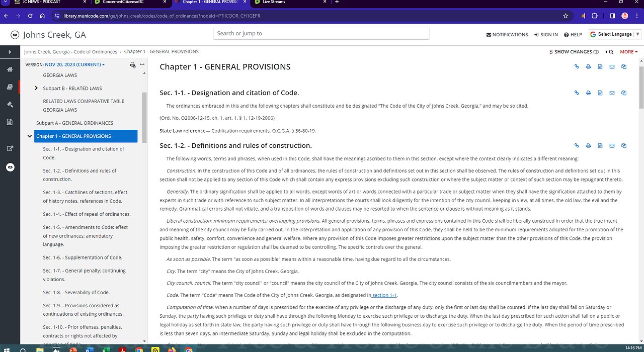 CCJC - Johns Creek City: General Ordinances - Chapter 1 (General Provisions) & Chapter 2 (Administration) note Ch 3-5 (Reserved): complete reading.