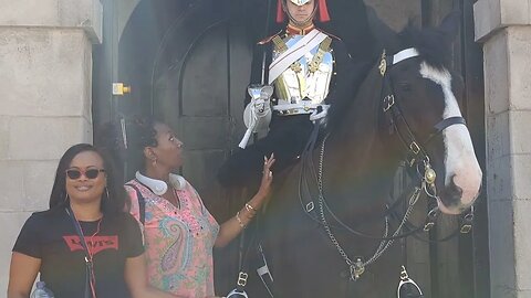 The guard Shakes his head as she touches the Reins #horseguardsparade