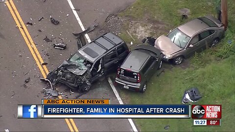 Firefighter, family in hospital after crash