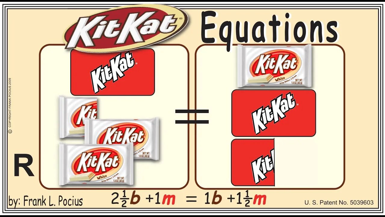 VISUAL KITKAT WHITE 2.5b+1m=1b+1.5m EQUATION _ SOLVING EQUATIONS _ SOLVING PROBLEMS