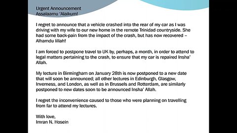 Urgent Announcement (Birmingham Lecture Postponed)