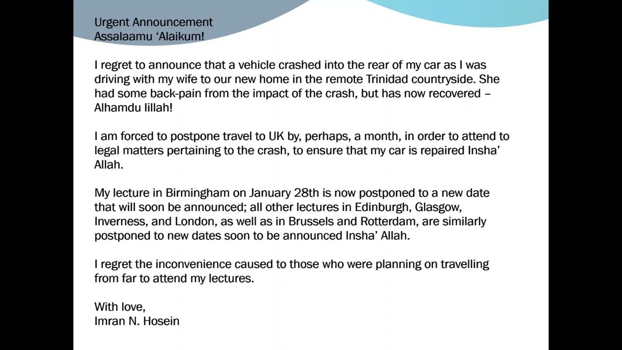 Urgent Announcement (Birmingham Lecture Postponed)