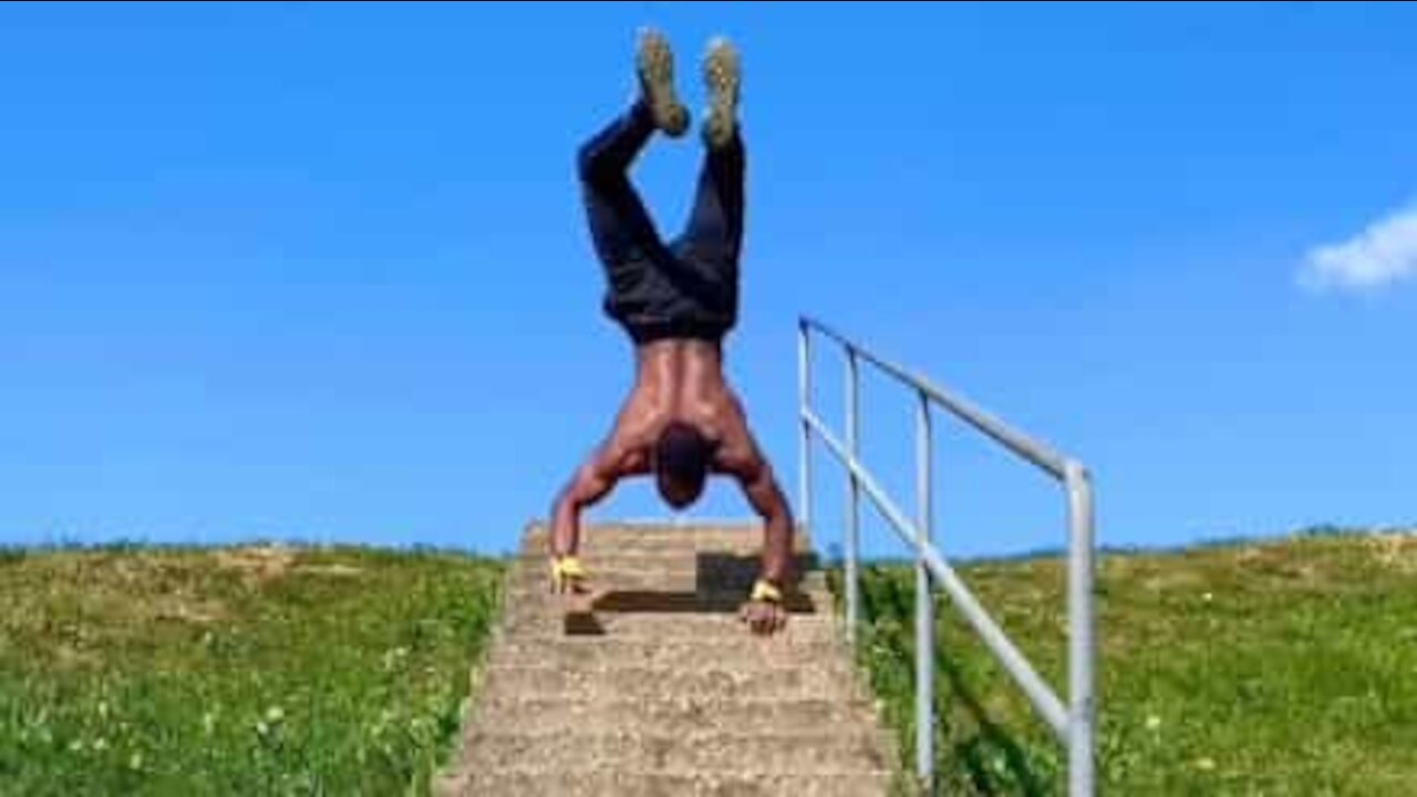 Amazing handstand walk down stairs