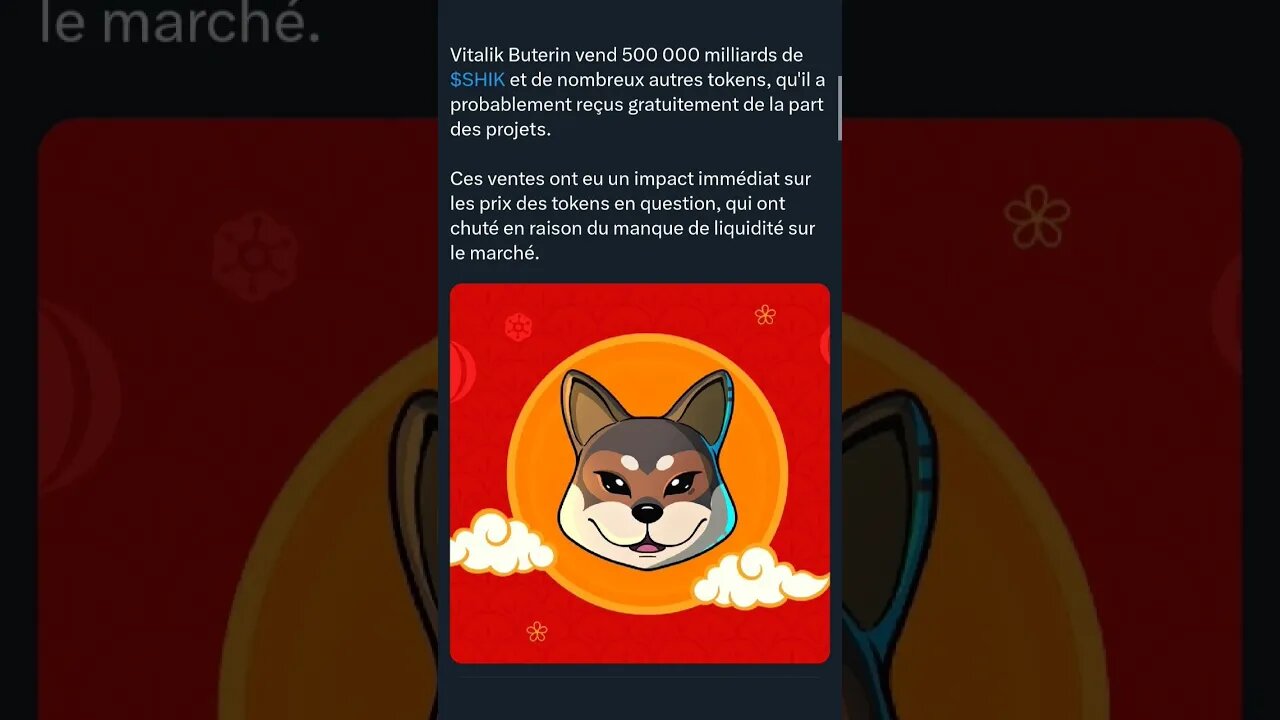 Vitalik Buterin vend 500 000 milliards de $SHIK et de nombreux autres tokens