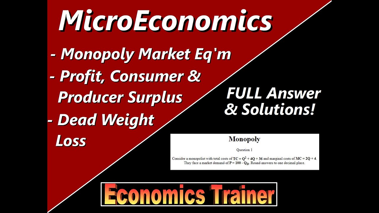 MicroEconomics: Monopoly Market Equilibrium, Consumer & Producer Surplus, Profit & Dead Weight Loss