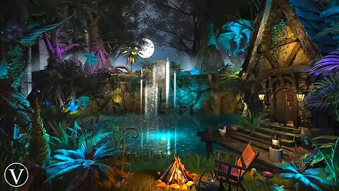 Fantasy Forest | Night Ambience | Campfire, Wind Chimes, Waterfall & Nature Sounds