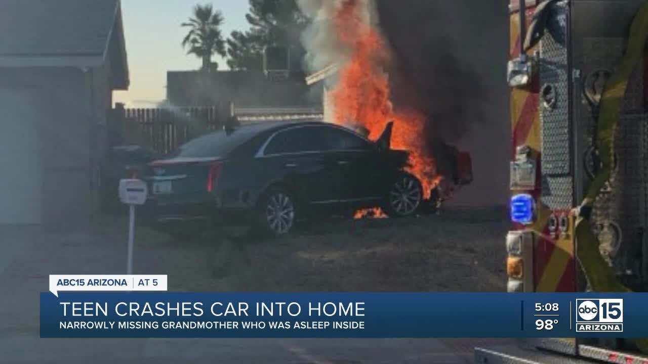 Teen crashes car into west Phoenix home, narrowly missing woman inside