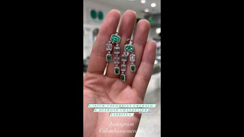 6.58tcw Colombian emerald and diamond dangle baguette Chandelier earrings 18k white gold