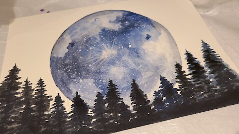 Watercolor moon painting with trees