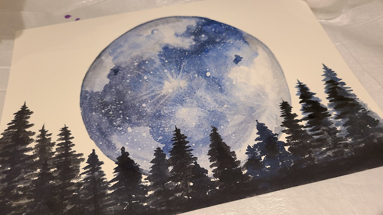 Watercolor moon painting with trees