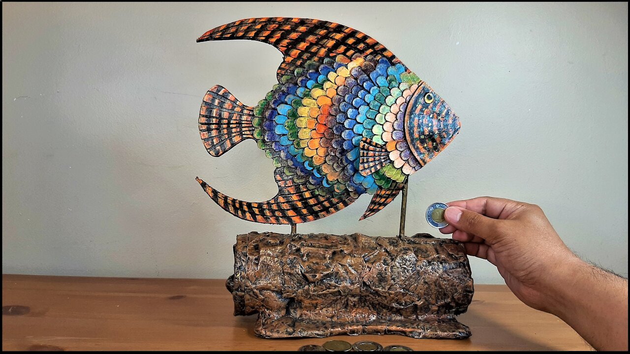 Fish Figurine Coin Bank made from Pringles Container