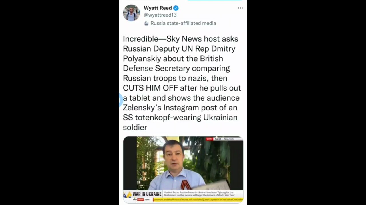 Sky News compares Russians to Nazis so Russian UN Deputy shows Zelensky Instagram post with totenkopf. They cut him off!