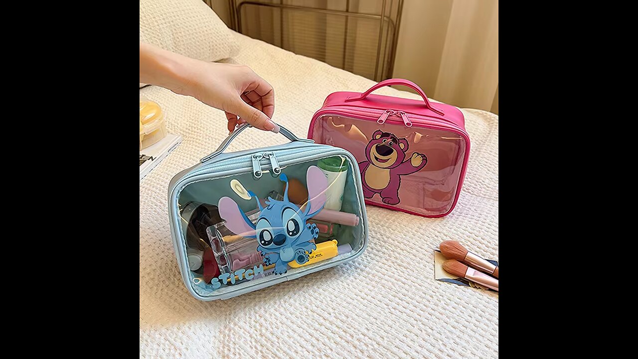 Anime Disney Cute Blue Stitch Rose Red Lotso PVC Transparent Portable Toiletry Storage Bag