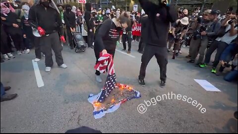 Antifa dressed as Palestine supporters burn an American and Israel flag in Chicago