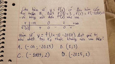 Toán 12: Cho hàm số y=f(x) có đạo hàm cấp hai trên R. Biết f'(0)=3, f'(2)=f'(-2018)=0, và bảng xét