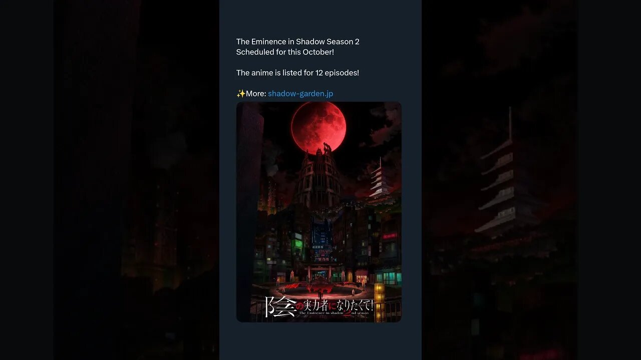 The Eminence in Shadow Season 2Scheduled for this October! The anime is listed for 12 episodes!