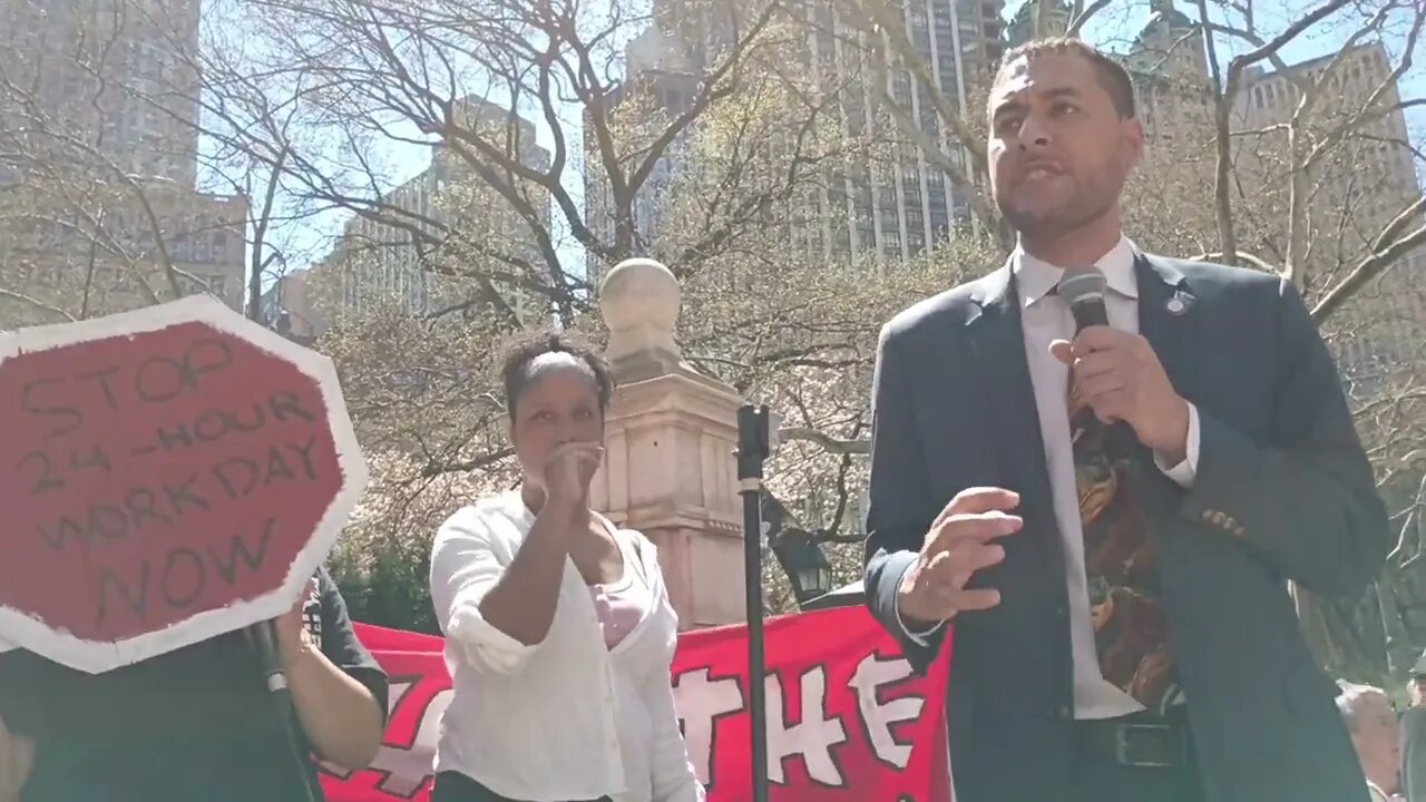 The end the 24 hr work day rally outside city hall 4/12/23 hosted by @aiwcampaign @ChrisMarteNYC @