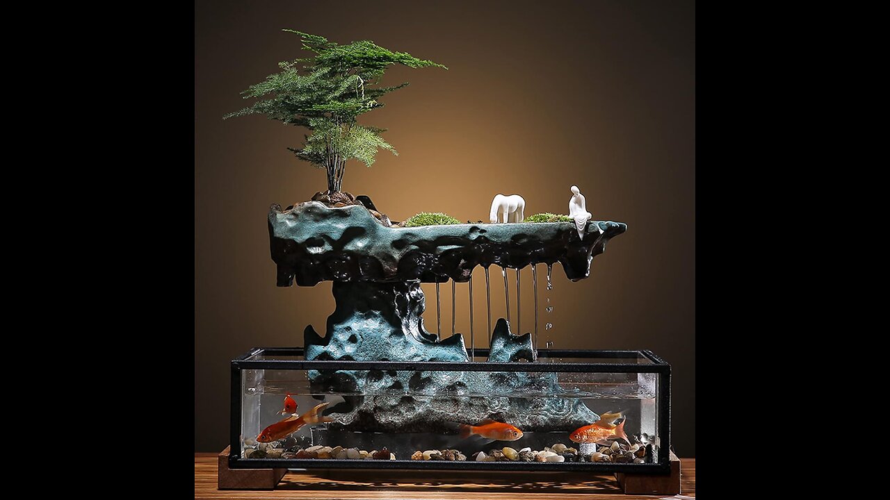 FFanhia Tabletop Water Fountain Indoor Decor with Rockery & Aquariums