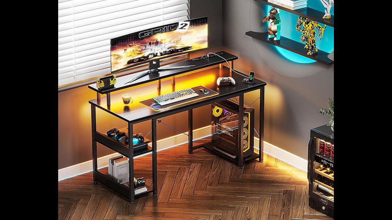 ODK 48 inch Gaming Desk with LED Lights & Power Outlets, Computer Desk with Monitor Stand