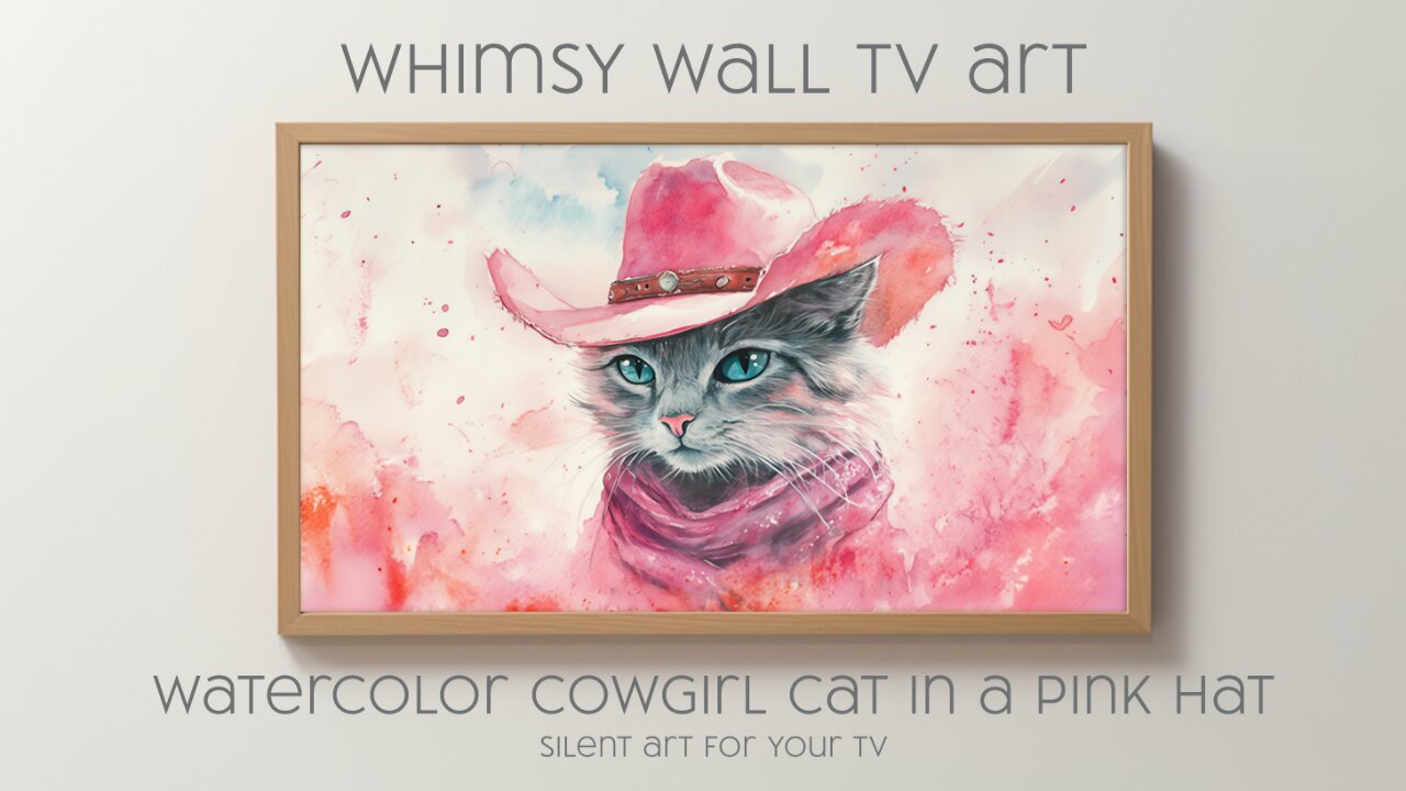 Watercolor Cowgirl Cat in a Pink Hat: Silent Art For Your TV, Frame TV and CanvasTV Art