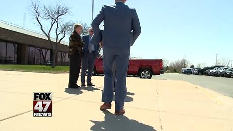 Former MSU President at Michigan State Police headquarters