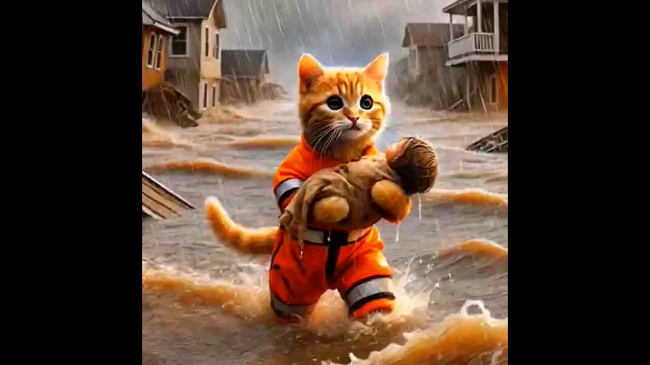 Cat 🐈 Save life in havy rain and fluid 😫 #Aicat #Meow #cat #cater #Animal