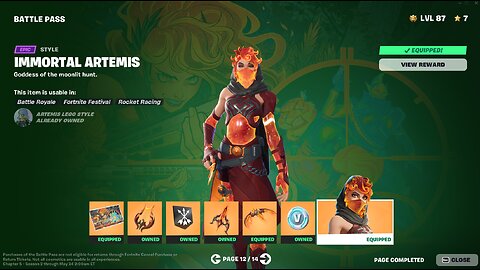 Fortnite | Battle Pass Reward | Page 12 | Immortal Artemis | Outfit Unlock | View Styles | C5S2.